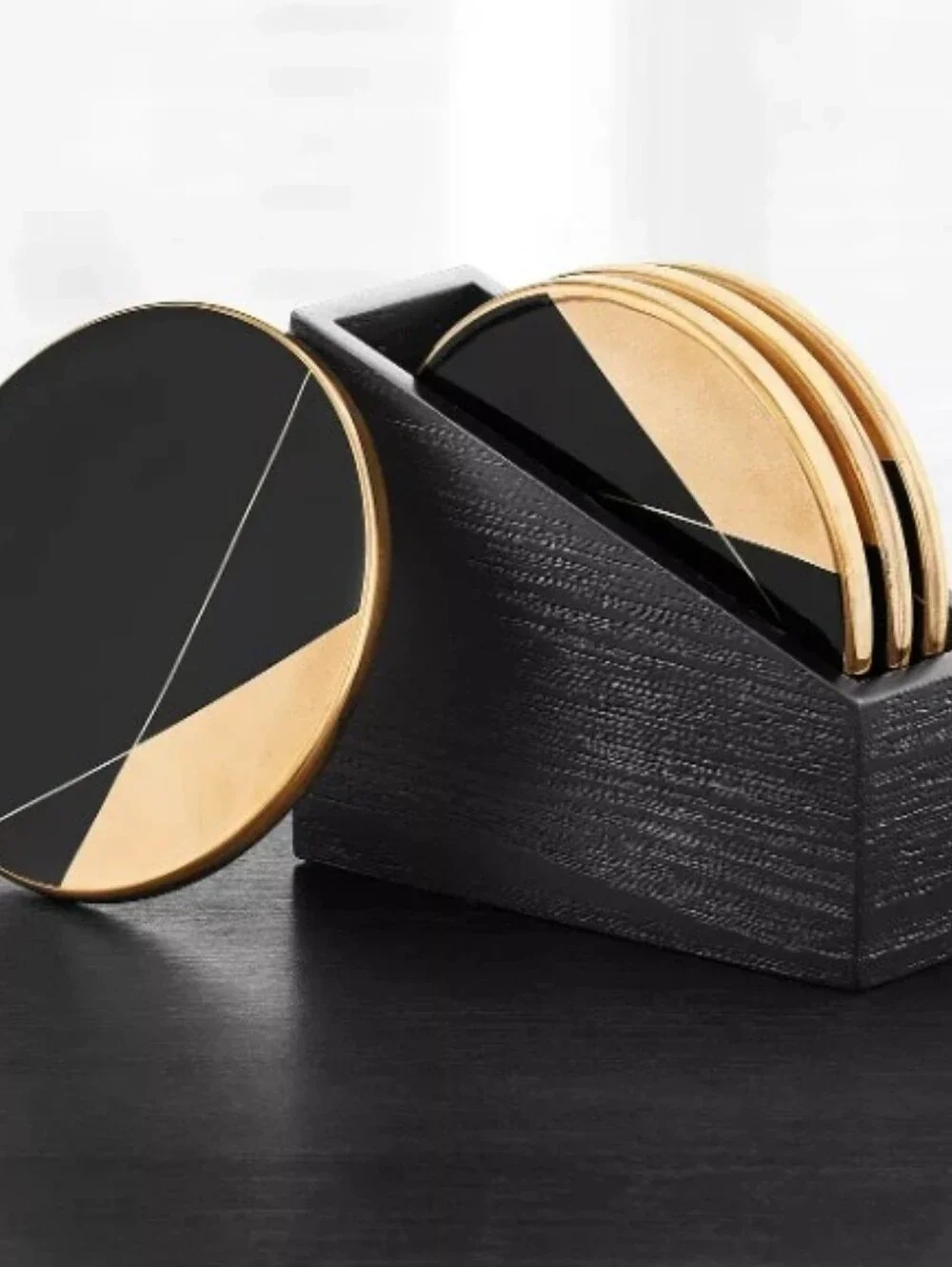 Hotel Collection Set of 4 Black &Gold Dolomite Coasters with Holder